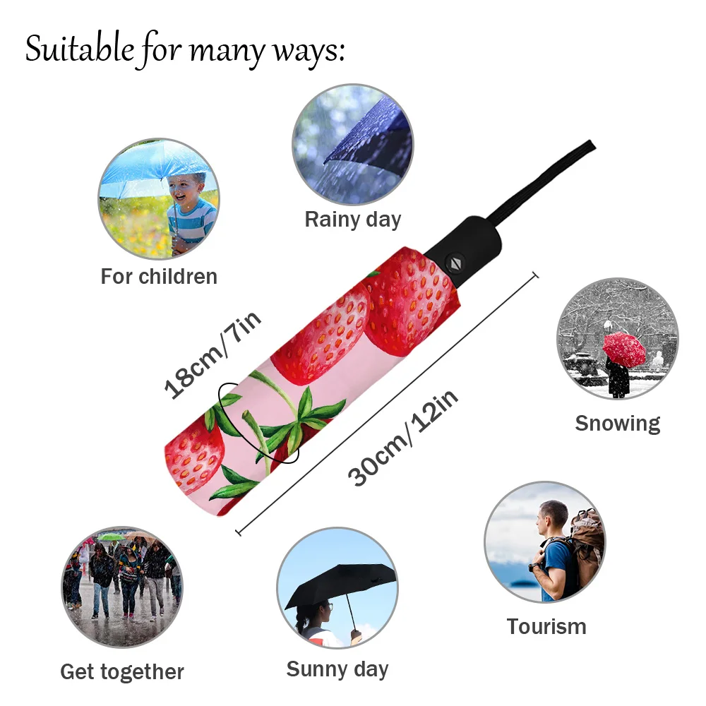 Strawberry Fruit Red Fresh Rain Foldable Umbrella for Women Males Eight Strands Sunny Umbrella Fully-automatic Umbrella