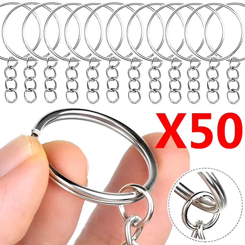 50Pcs Silver Plated Metal Blank Keyring Keychain Split Ring Keyfob Key Holder Rings Women Men DIY Key Chains Key Accessories