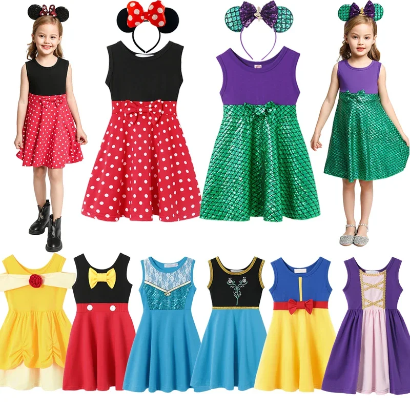 Disney mermaid Ariel Mickey Minnie baby girls casual princess dresses Frozen Elsa Anna summer costumes snow white kids vestidos