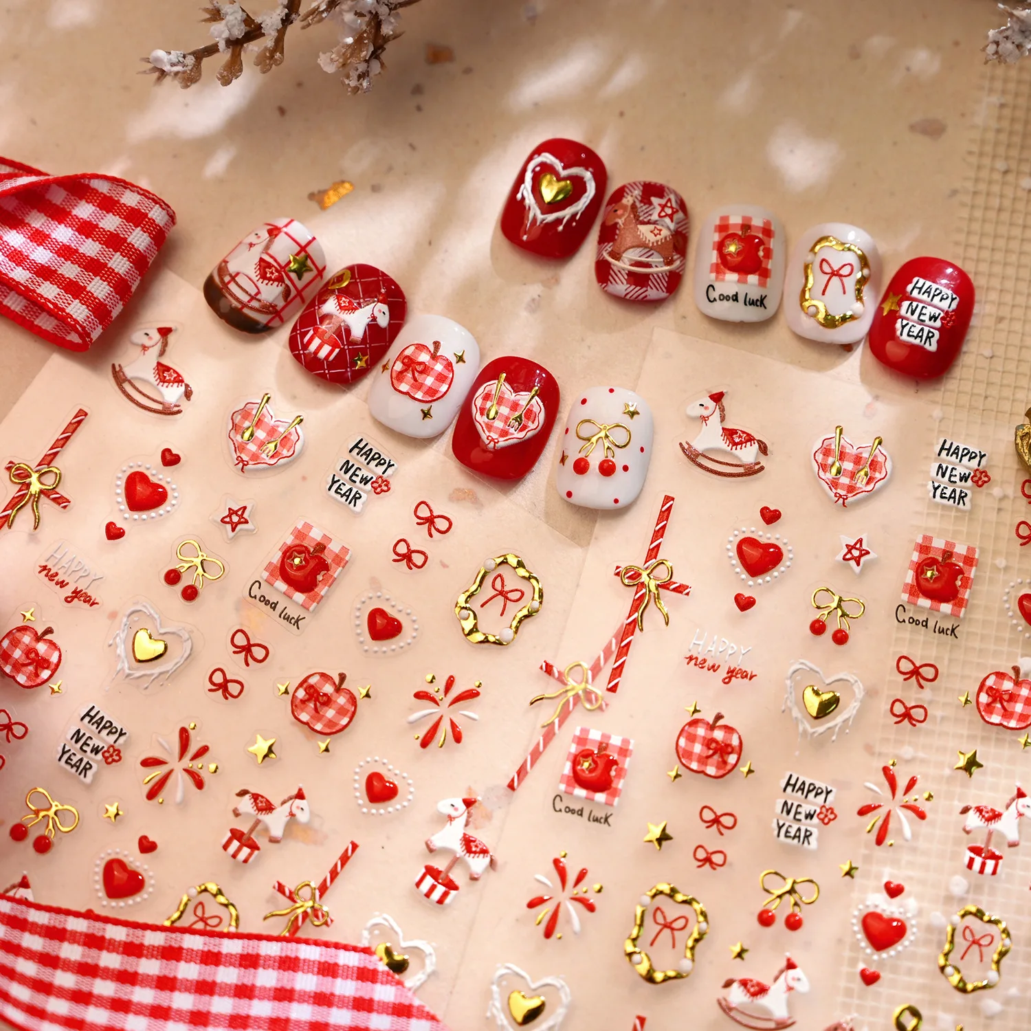 5D Relief Happy New Year Festival Atmosphere Nail Stickers Gold Love Apple Pony Fire Works Ribbon Decals Manicure Accessories