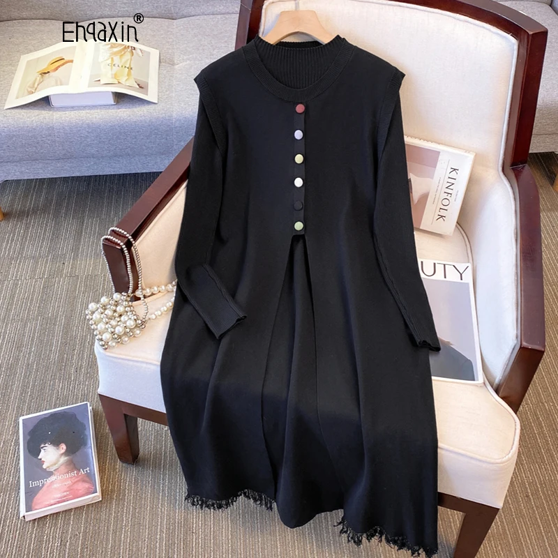 

EHQAXIN Autumn Winter Women's Knitted Dress Set Fashion Button Knit Cover Shirt+Elegant Black Long Sleeve Dresses Ladies M-3XL