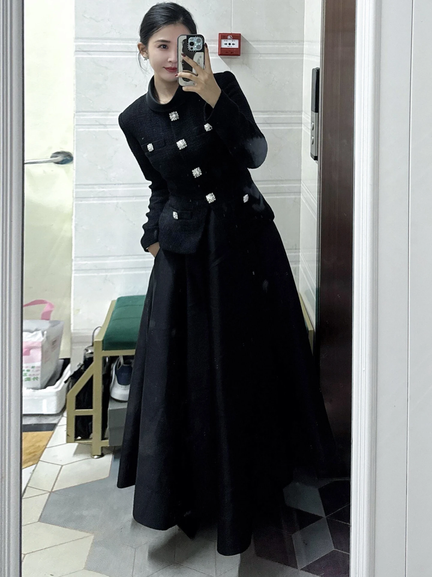 

Трапеция с высокой талией Dr Hepburn Sle Tweed Long Sve Commute Простой дизайн Осень Зима Женская мода Dr