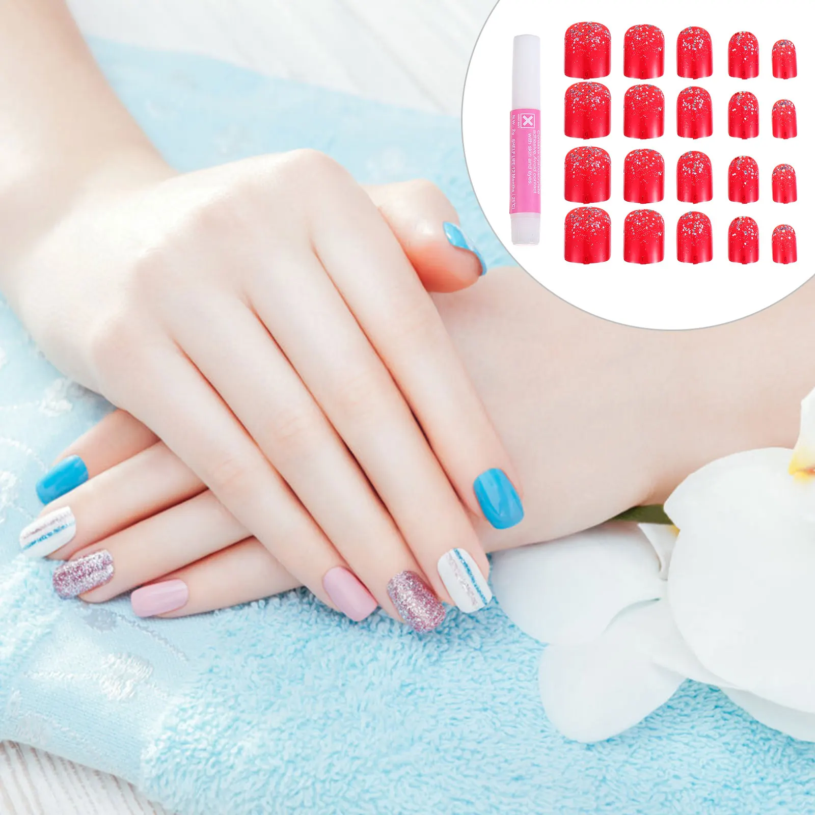 

48pcs Red Glitter False Nails Short Square Full Cover ABS Women Fake Nails Fit for Party Salon Wedding Prom Dating Easy to
