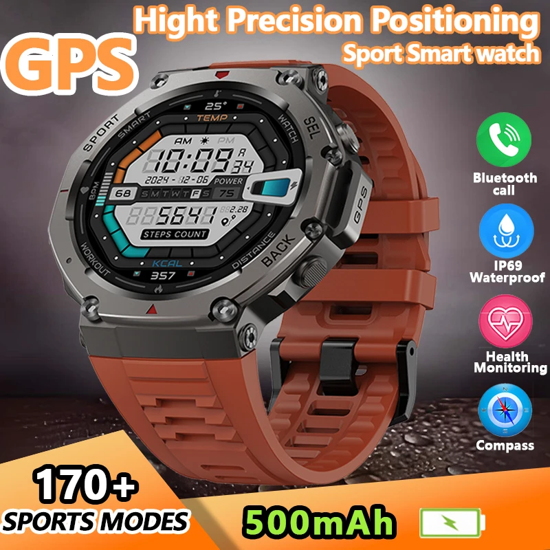 

2025 Новые GPS Спортивные Смарт-часы на открытом воздухе 500 мАч 170+ Спортивный режим Компас 5 АТМ Водонепроницаемые Смарт-часы с пульсометром Bluetooth и вызовом