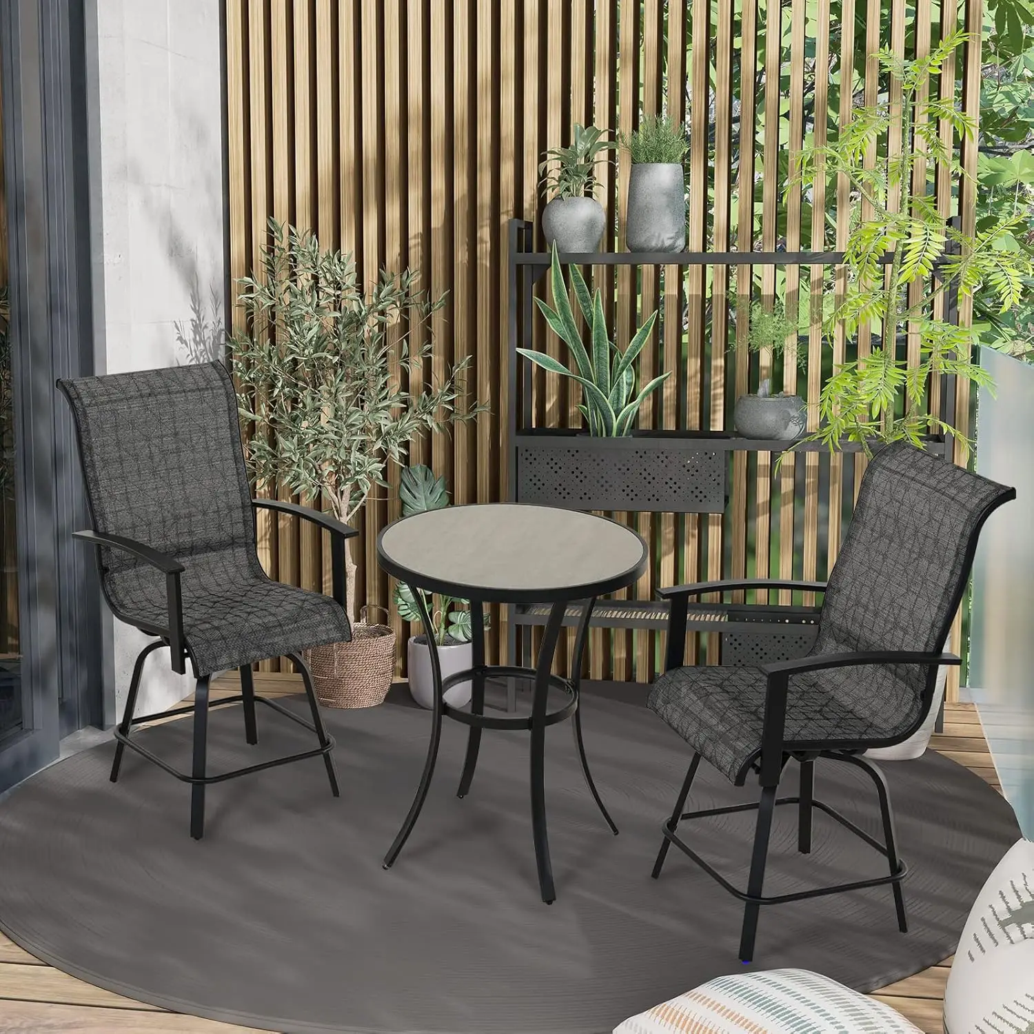 3-częściowy zestaw barowy na patio, nowoczesny okrągły stół barowy i obrotowe stołki barowe do basenu zewnętrznego, ogrodu, podwórka, tarasu