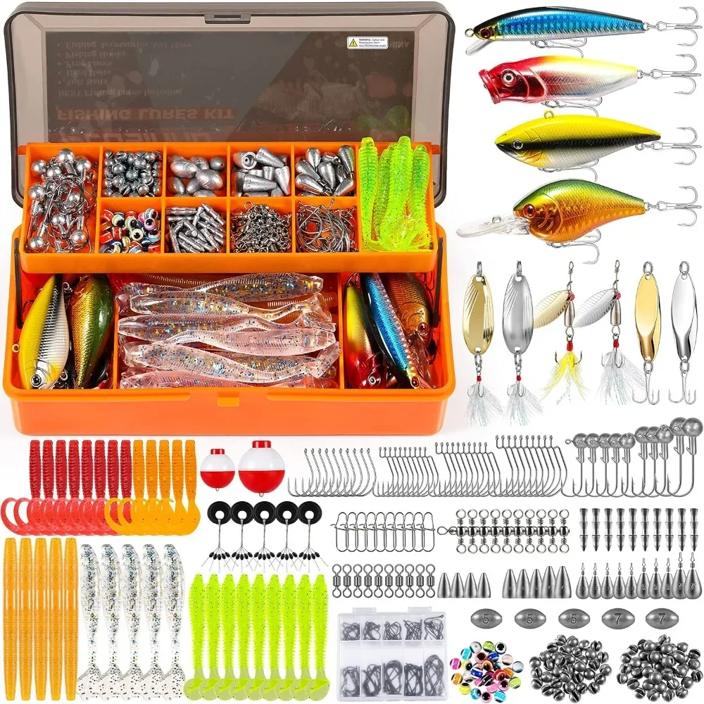 353/404 PCS Fishing Lures, Upgrade Fishing Tackle Box with Tackle Included, Crankbaits, Hooks, Weights, Other Accessories