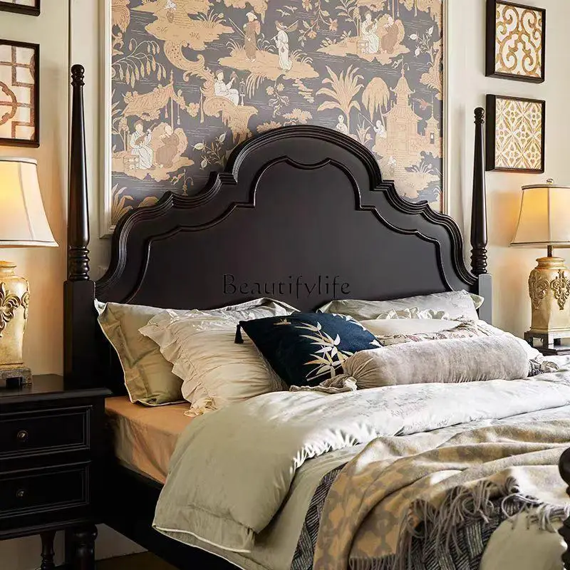 

American French retro solid wood Anna black high-end double light luxury bed
