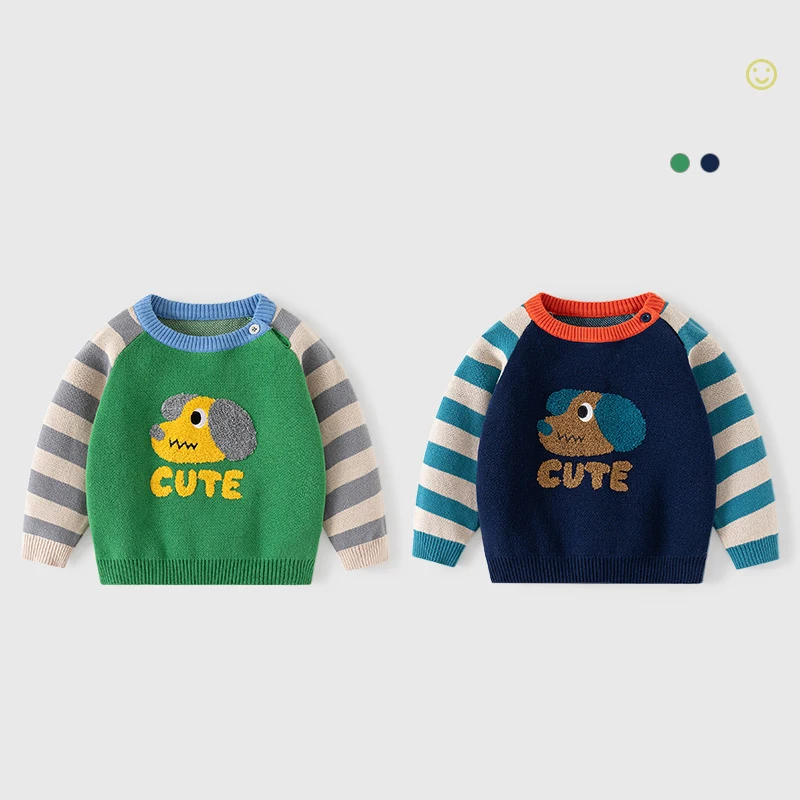 

Осенне-зимний вязаный свитер для маленьких мальчиков с изображением собаки вязаные полосатые рукава контрастный свитер для маленьких мальчиков мультяшный пуловер Топ для маленьких мальчиков