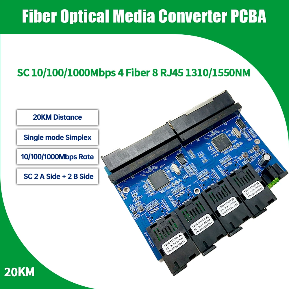 

Gigabit Fiber Optical Converter Switch 4 Fiber SC Port 8 RJ45 PCBA Board 100/1000Mbps Ethernet Switch PCBA Board 4F8E