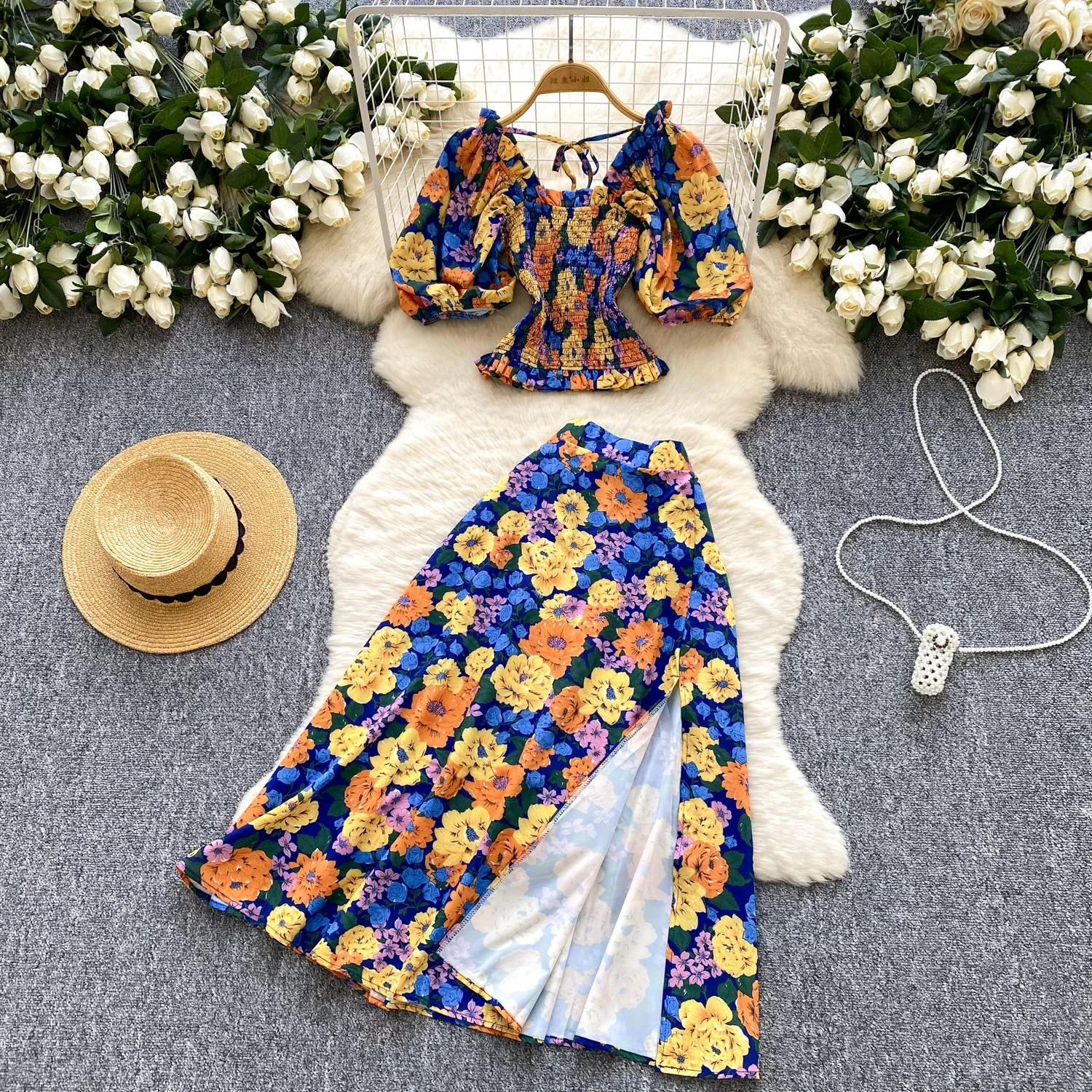 Sexy Chic puff sleeve print Elegant Korean Fashion Slim Summer vintage Beach dress women clothing