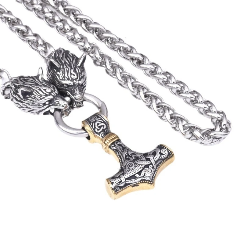 Never Fade Gold Color Odin Wolf Necklace Men Norse Thor Hammer Stainless Steel Self-defense Anchor Pendant Amulet Viking Jewelry view 5