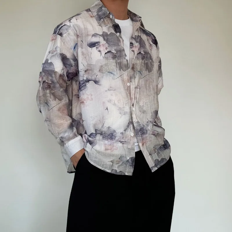 

Chinese Style Ink Lotus Printed Shirts Men Summer Turn-down Collar Long Sleeve Lightweight Stylish Loose Casual Male Clothing