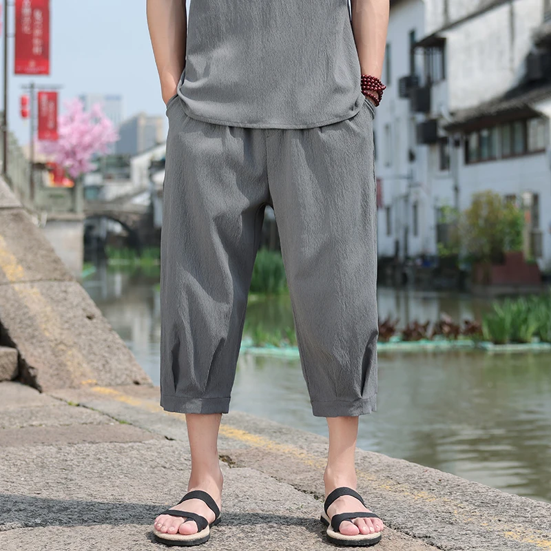 

2024 Summer Men Straight Harem Pants Mens Harajuku Calf Length Pants Male Casual Wide Leg Baggy Pants Vintage Men Jogger Pants