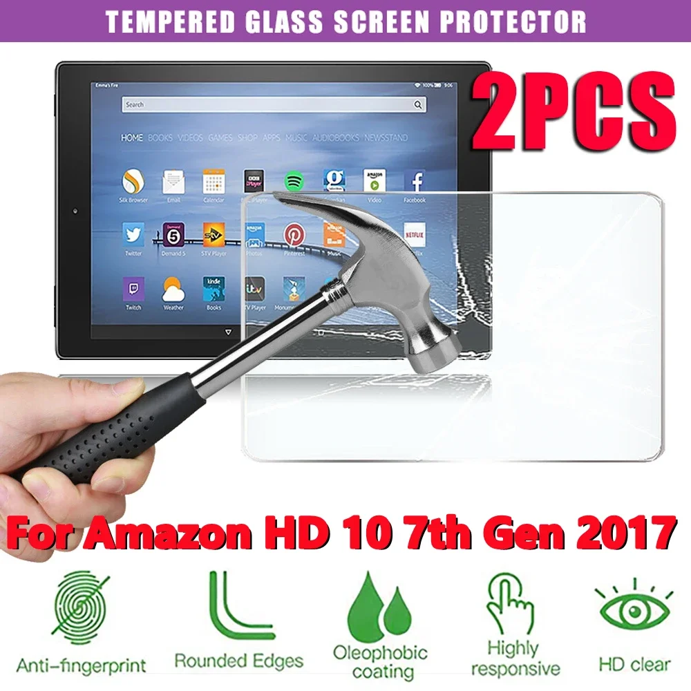 2Pcs Tempered Glass for Amazon Fire HD 10 7th Gen 2017 Screen Protective Film 9H 0.3mm Full Cover Tablet Screen Protector Film