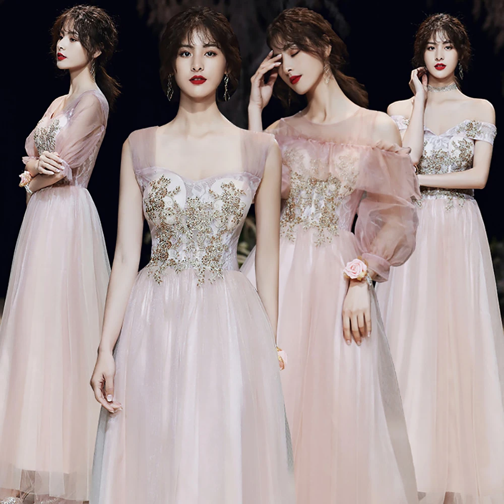 

Korean Appliques Bridesmaid Dress New Spring Autumn Large Long Dress Pink Special Sisters Group Dress Girl Banquet Evening Dress