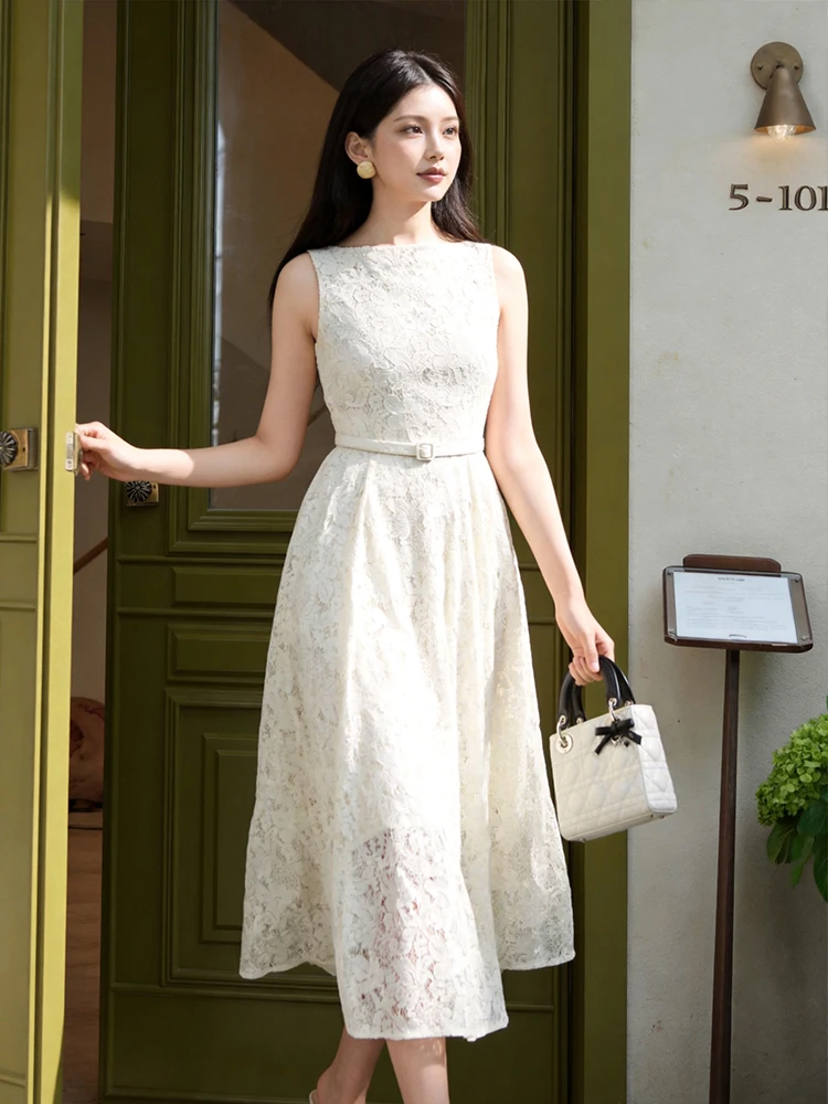 Sommerliches Vintage-Kleid mit Blumenmuster und Spitze für Damen, Ärmellos, Schmal Geschnitten, A-Linie, Midi-Länge, für Dates, Partys, Abendveranstaltungen, Geburtstage, Casual