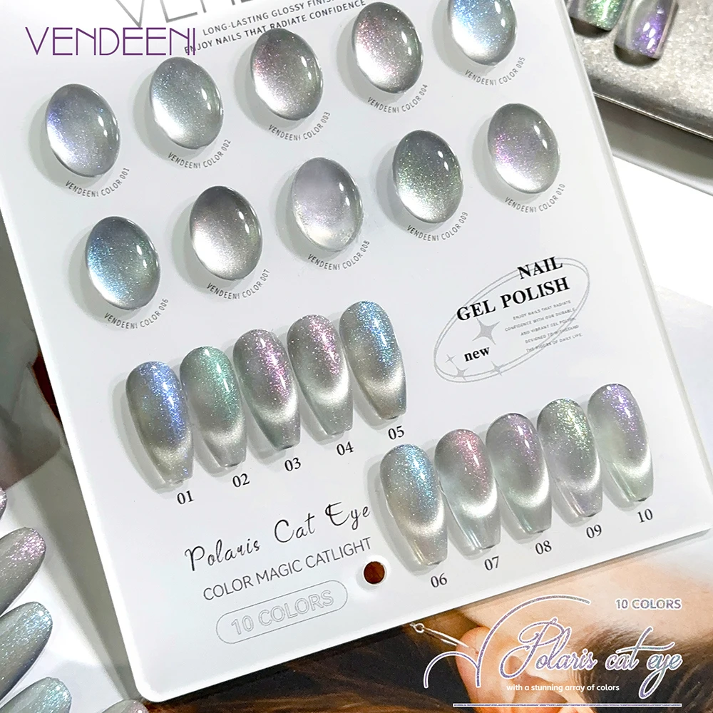 Vendeeni 10 Farben/Set Glänzender Polaris Katzenaugen-Gel-Nagellack TPO HEMA FREI Silber Magnetischer UV-Soak-Off-Gel-Lack mit Display – Detail 1