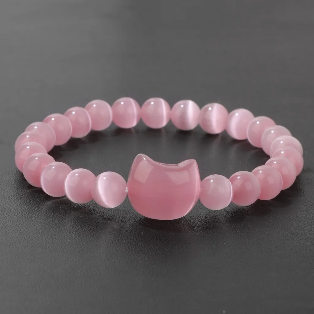 Natural Crystal Pink Cat Eye Beads Bracelet Healing Stone Quartz Cat Head Charm Bracelets Women Men Elegant Lucky Jewelry Gift