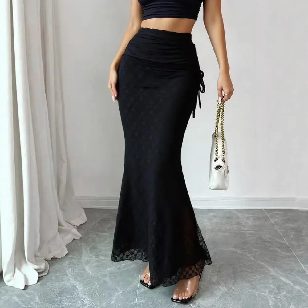Women New Summer European American Style Lace Mesh Midi Skirt High Waist Bodycon Slim Fit Street Photo Elegant Chic Ladies Skirt