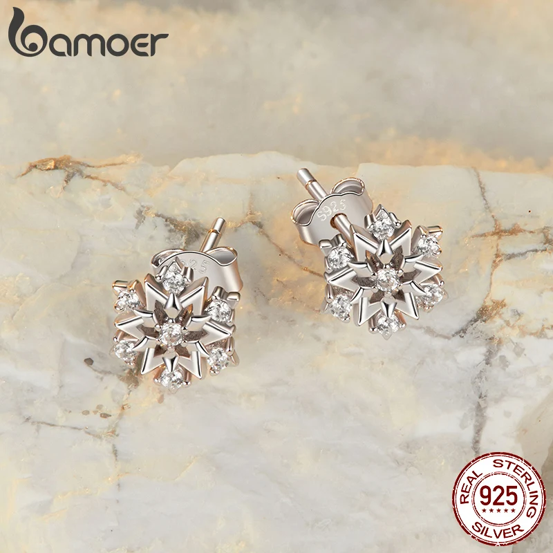 BAMOER Authentic 925 Sterling Silver Snowflake Stud Earrings, White Gold Plated Hypoallergenic Snowflake Flower Shaped CZ Studs