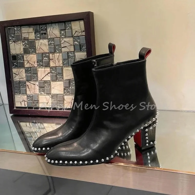Genuine Leather Men's Studded Rivet Ankle Boots Black Chunky Heel Side Zip Streetwear Trendy Boots Autumn Fashion Modern Boots