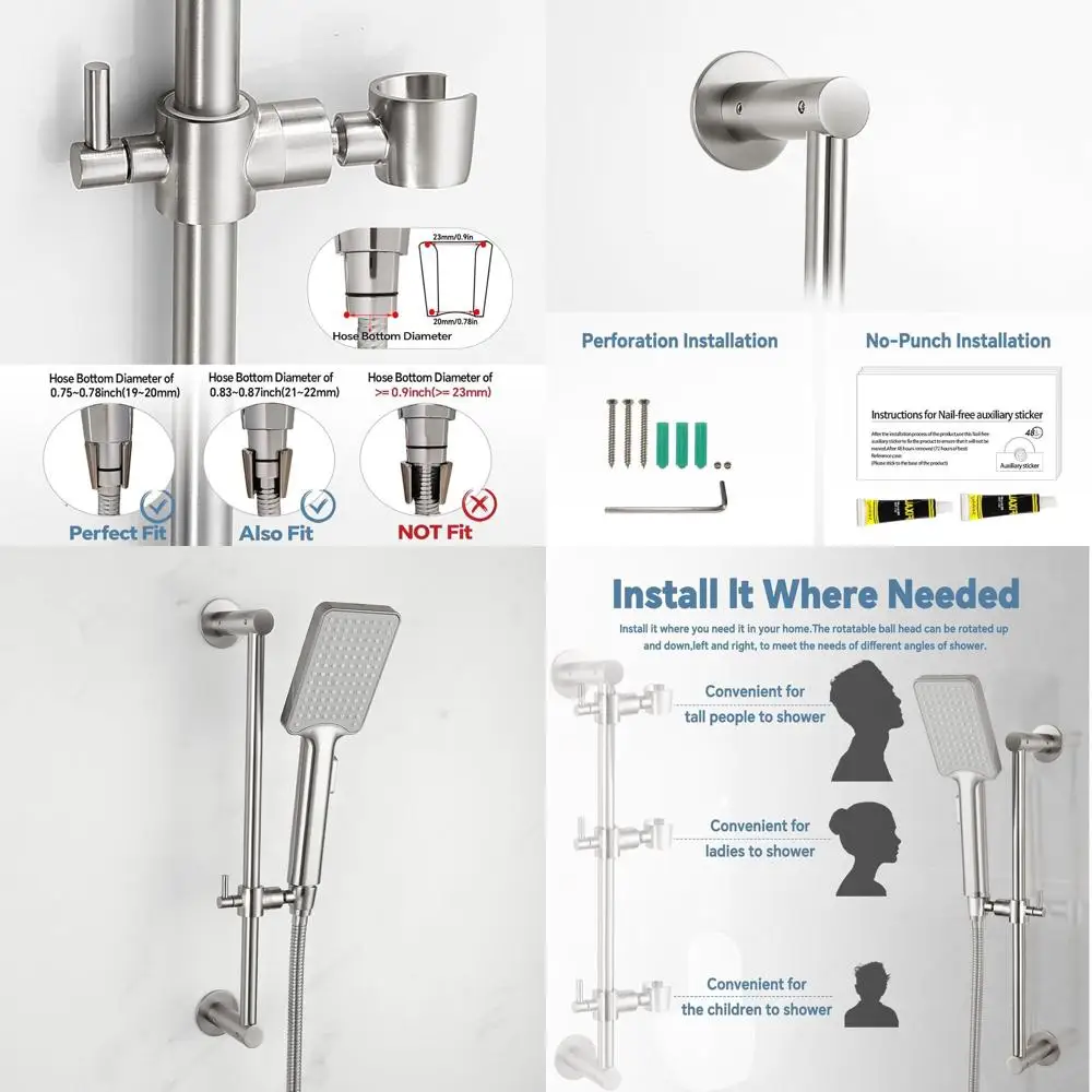 

15 Adjustable Metal Shower Slide Bar, Wall-Mounted, All-Metal, Compatible with Drill-Free Glue Installation for Handheld Showers