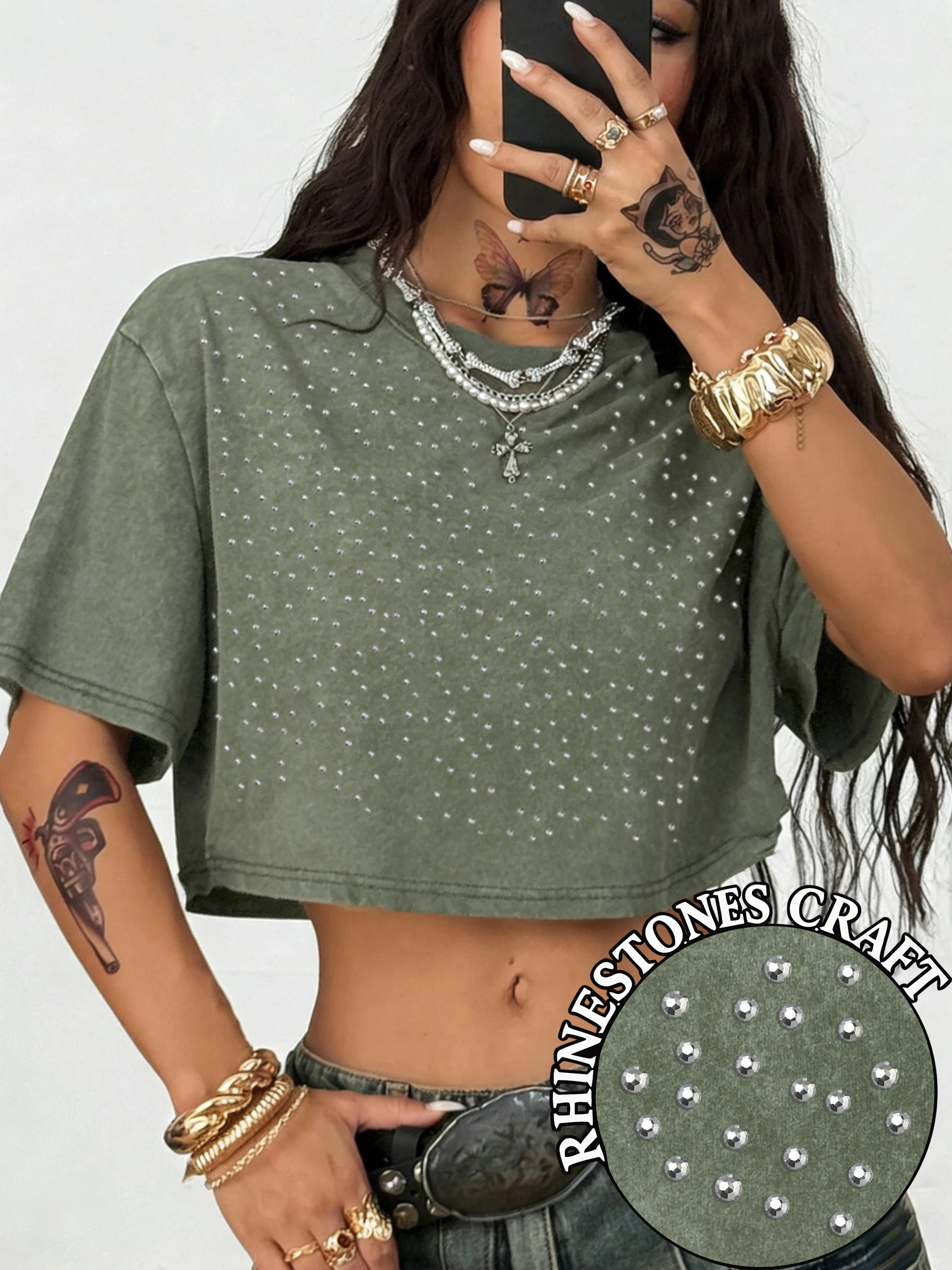 Baumwoll-Atmungsaktives Einfarbiges Strand-T-Shirt für Damen, Gewaschenes Crop-Top, Sommer-Strass-Verziertes Y2K Slim Kurzarm-Shirt