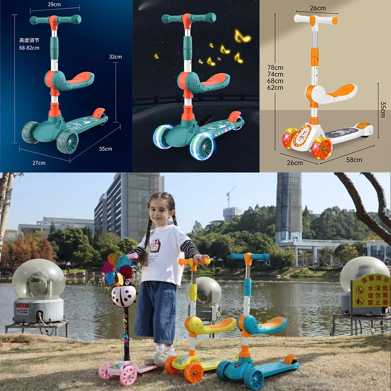 

Suitable for Children Aged 6-12, Foldable Flash Wheel Multifunctional Scooter with Music and Lighting, Both Seated and Sliding