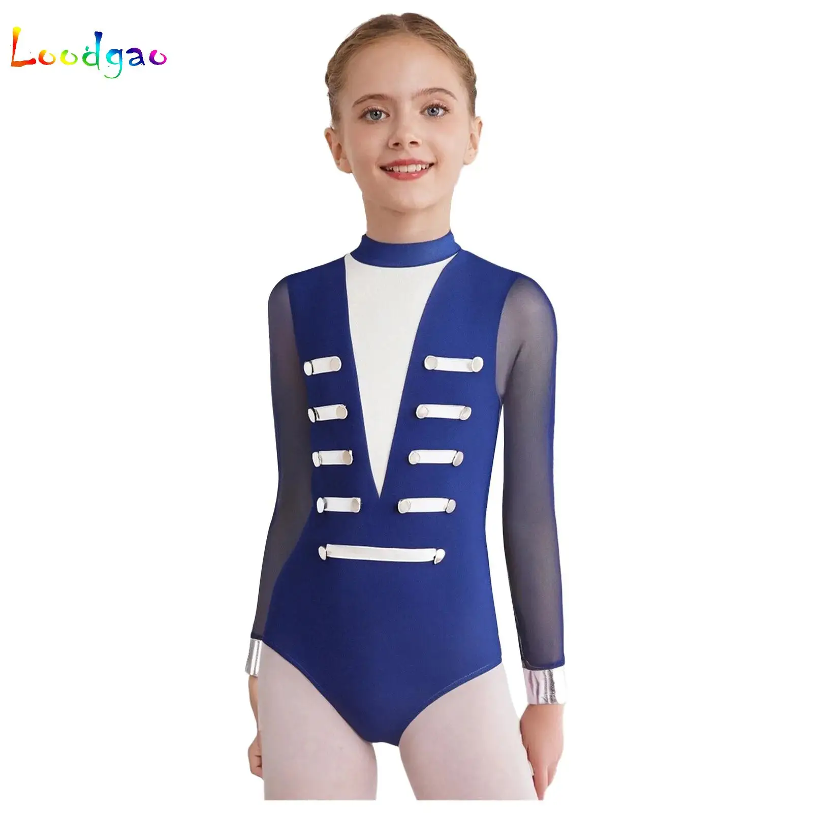

Kids Girls Dance Leotard Sheer Mesh Metallic Bodysuit Stage Performance Costume Gymnastics Figure Skating Ballet Jersey Bodysuit