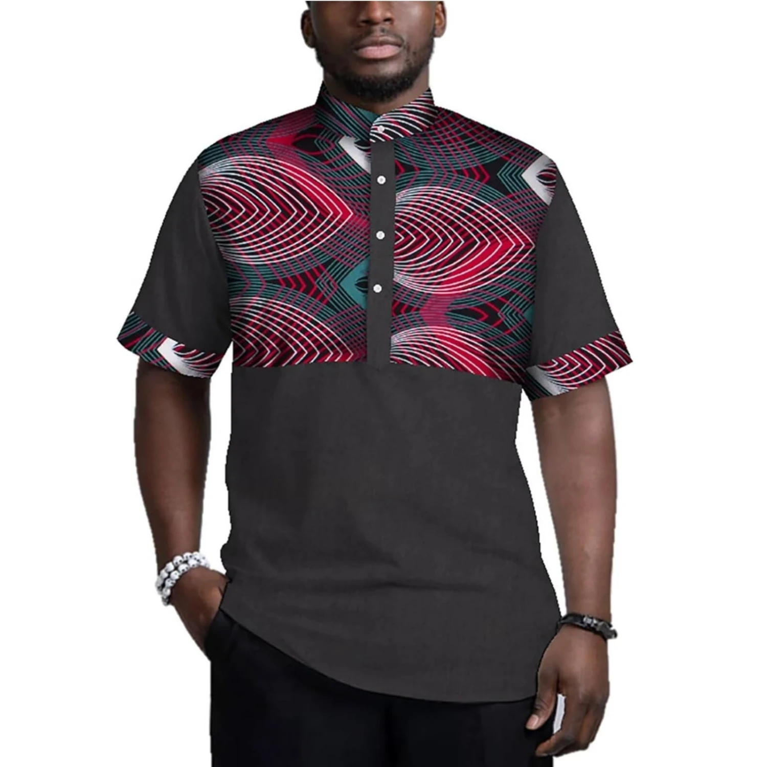 الرجال الأفريقي قميص التقليدية طباعة القبلية نمط ايوسل المرقعة تصميم قصيرة الأكمام الوقوف طوق زر أسفل قميص WYN781