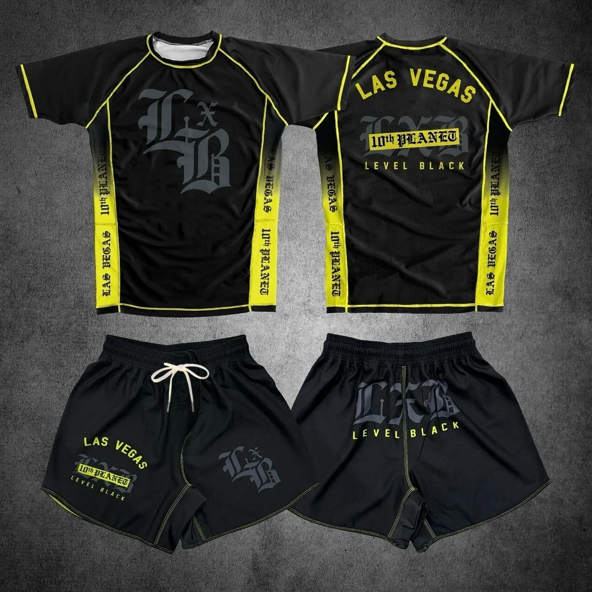 Schnelltrocknender schwarzer Rashguard-Gym-Set für Herren und Kinder V1 LXB AJJ Levelxblack RANKED V2 NIVEL NEGRO T-Shirt und Shorts Combo für Fitness – Detail 8