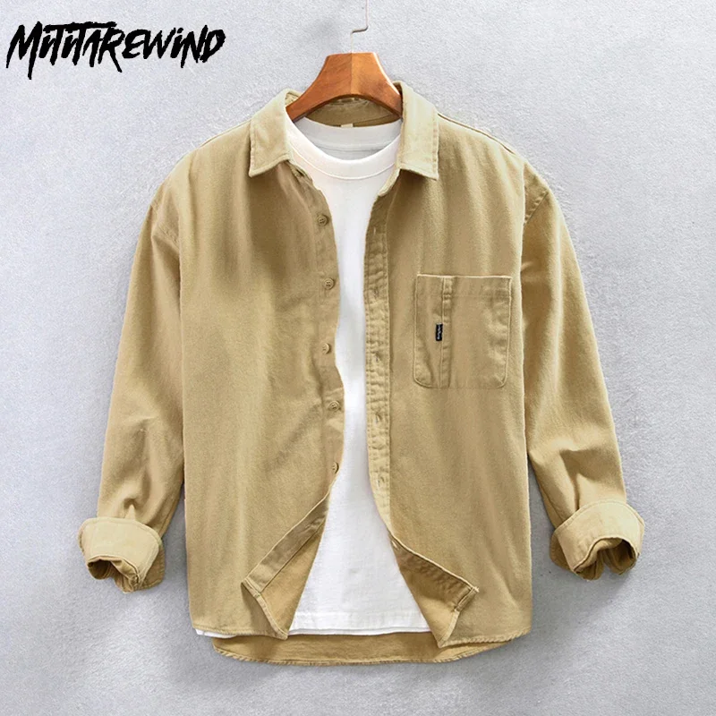 

Autumn Cotton Shirt Men Daily Casual Long Sleeve Shirts Japanese Style Workwear Overshirt Back Design Fashion Letter Print Tops