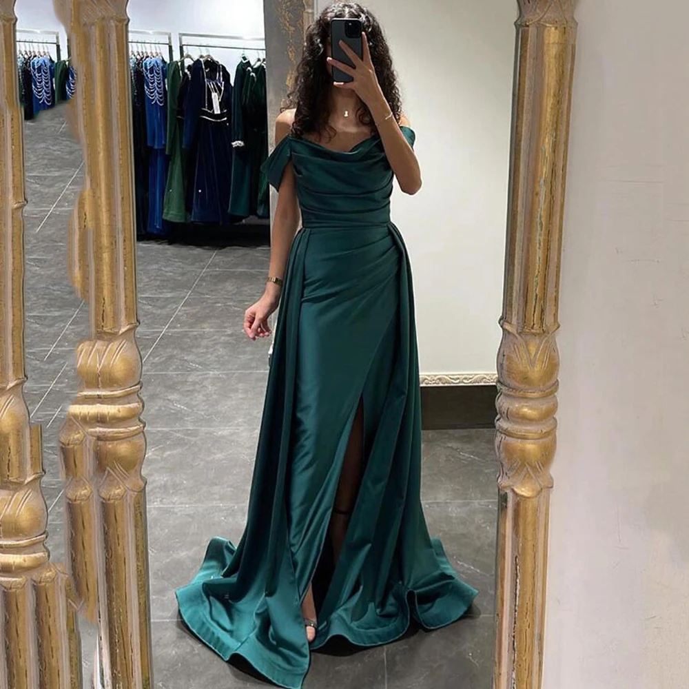 

Satin Pleat A-line Backless Off Shoulder Prom Gown High Slit Evening Dresses Celebrity Banquet Dress فساتين سهرة فخمه