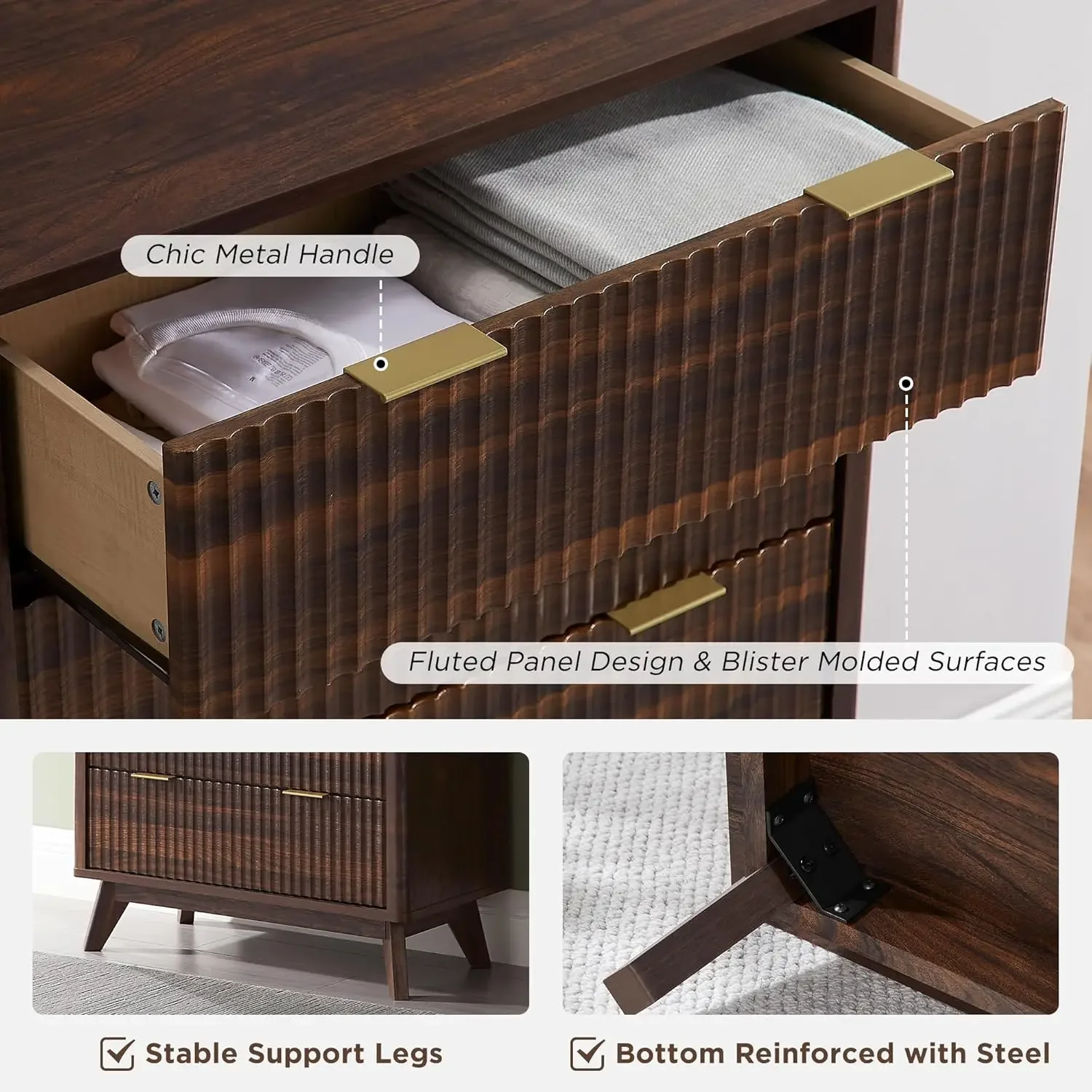 [Limited Time Offer + Free Shipping!]Fluted 5 Drawers Dresser, 48" Tall Modern Chest of Drawers, Curved Profile Design, Wood Dra