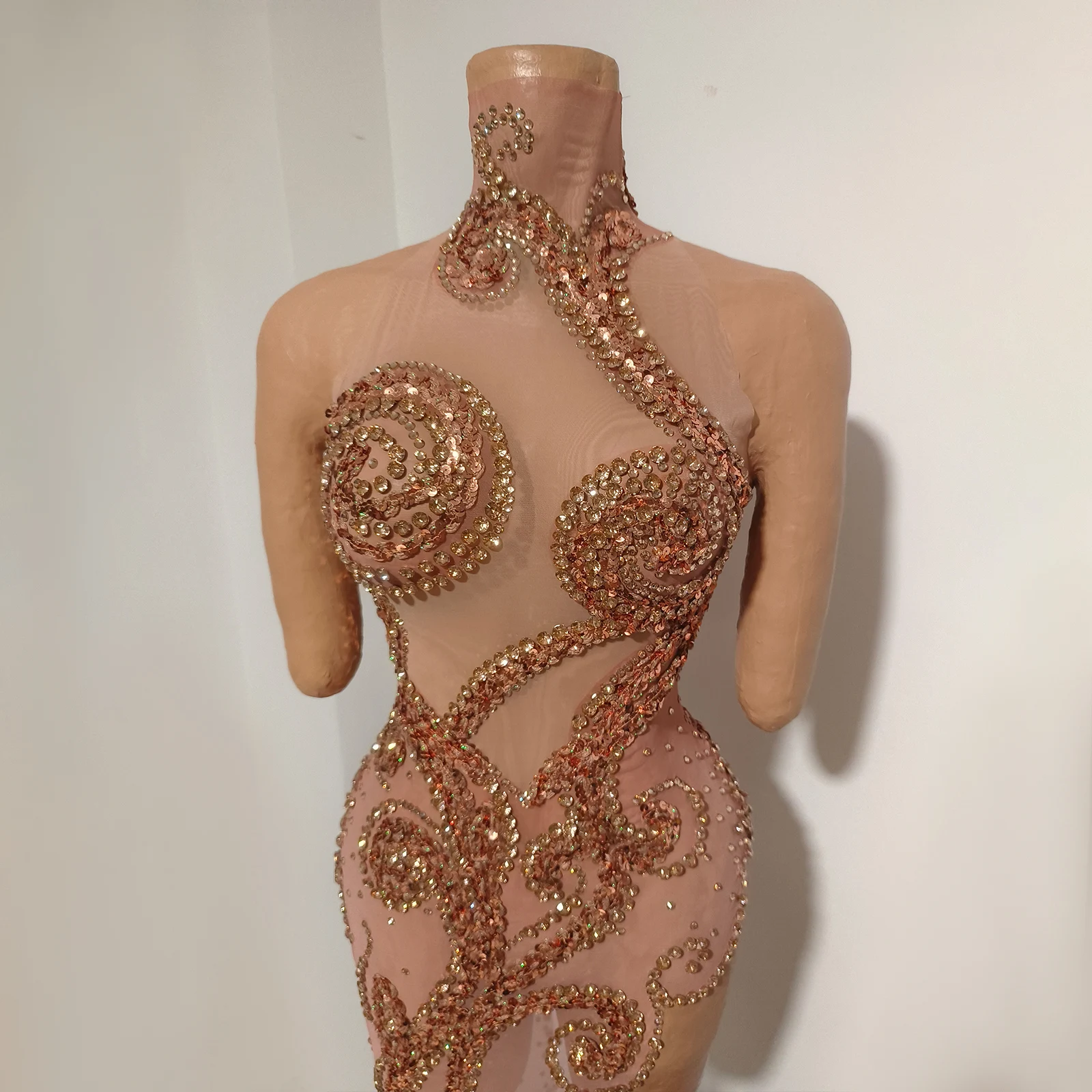 Sexy Mesh Transparent One shoulder  gold dress Sequin Celebrate birthday outfits for women performance costume drag queen show view 6