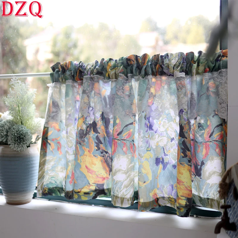 Double Pleated American Oil Painting Short Curtains Frence Lace Flowers Half Curtains Cloth for Kitchen Curtain Valance  #A331