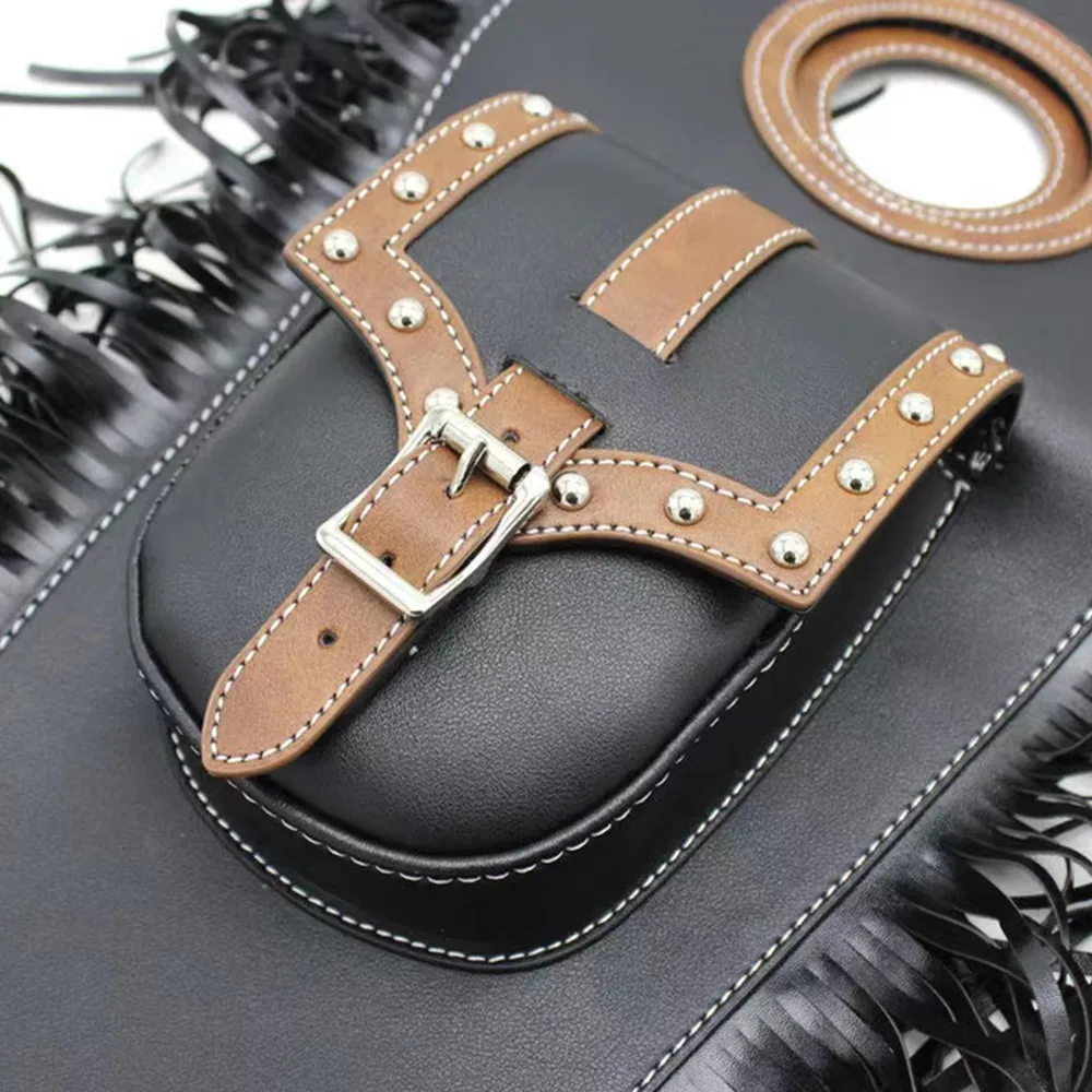 Motorcycle Black Fringed Gas Tank Cover Pouch Bag PU Leather For Harley Honda Suzuki Kawasaki Cruiser Chopper Cafe Racer Touring