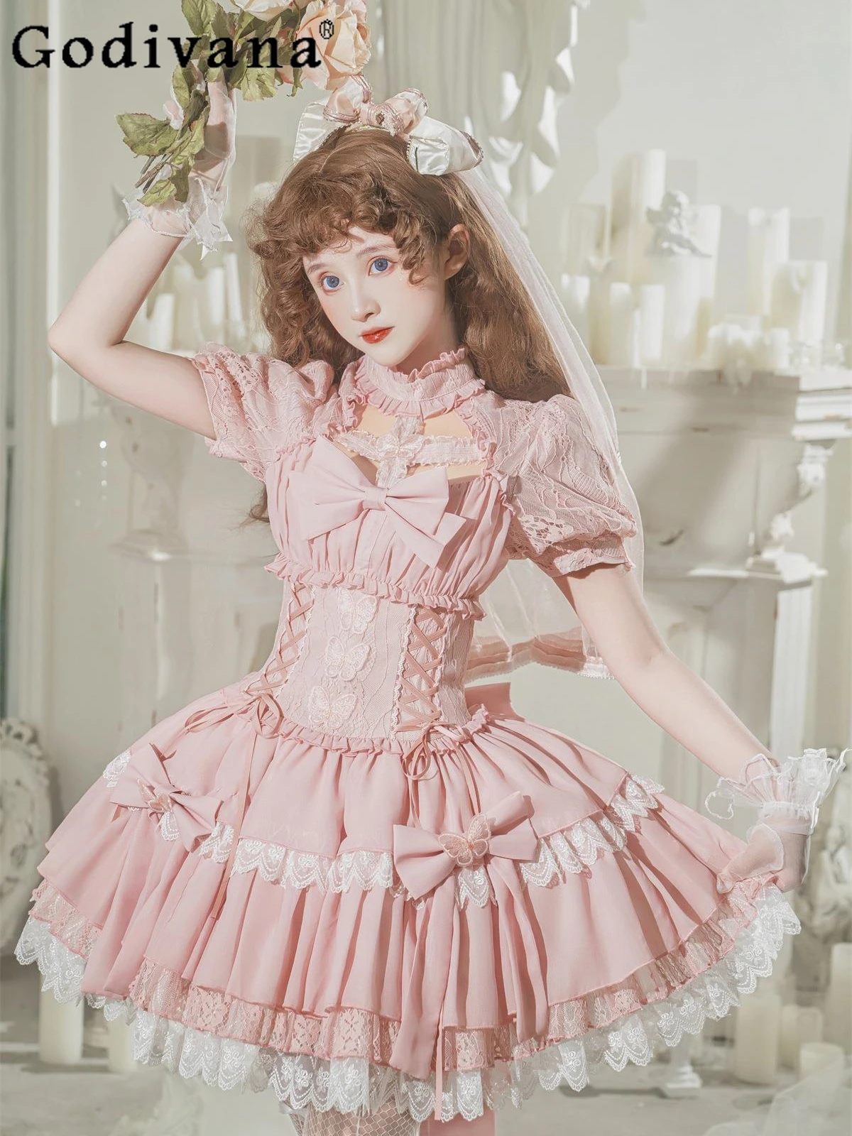 

Sweet Cute Girl Lolita Slim Elegant Dress Summer Fashion Bowknot Ruffled Lace Pink A- Line Dresses Women Y2k Tulle Tutu Dress