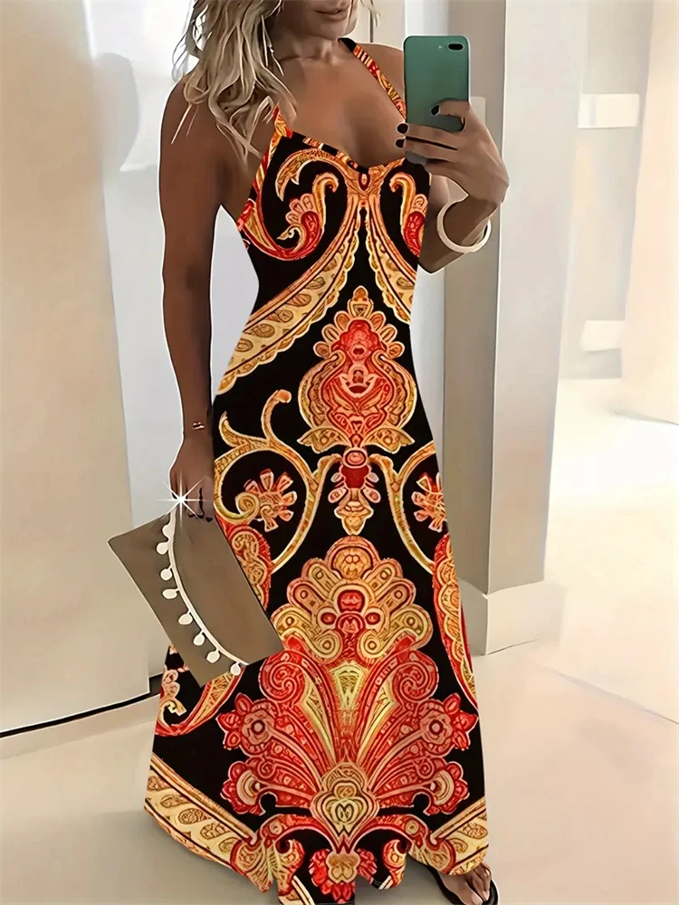 Women\'s New Fashion Summer Sleeveless Dress Casual Long Retro Strap Dress Street 3D Texture Print Comfortable Breathable Dress