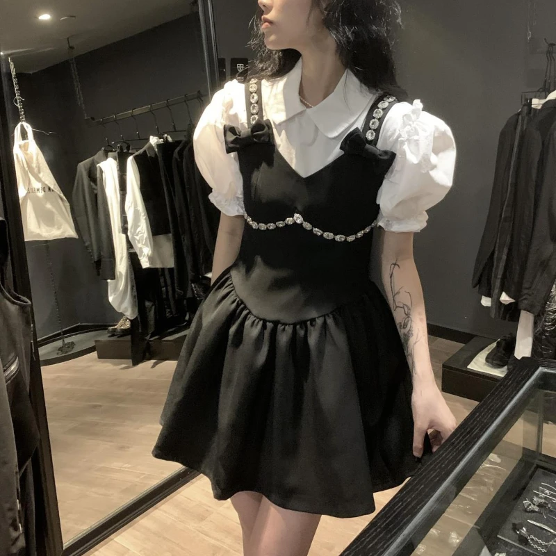 Women Sets Turn-down Collar Shirt Bow Suspender Diamonds Dress Two-piece Chic Design Unique Ulzzang Summer Prevalent Temperament