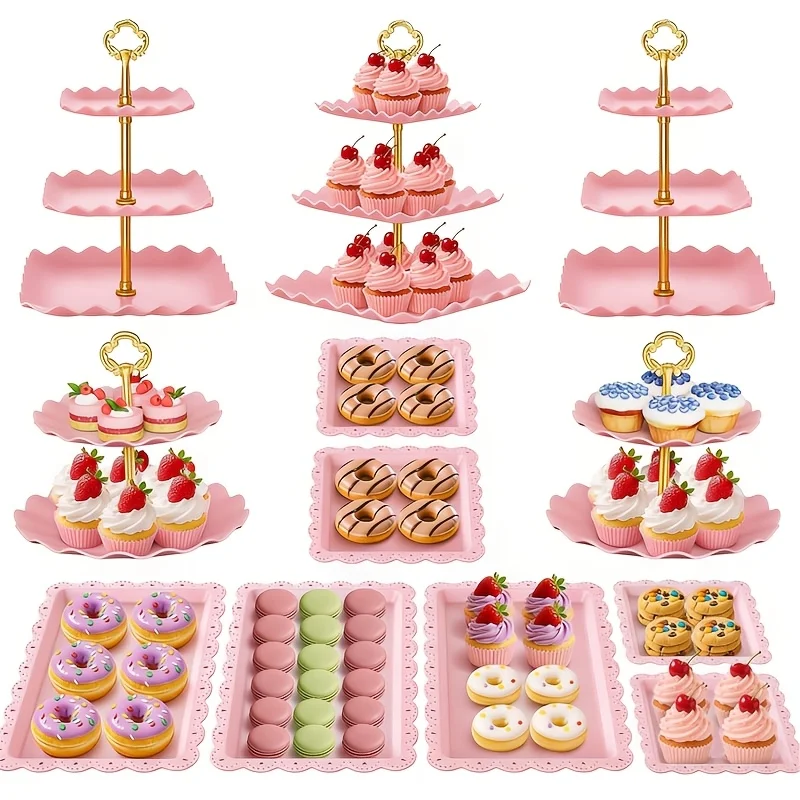 

Plastic Cake Stand, 12pcs Pink Dessert Table Display Set, 3-Tier Cake Stand And 2-Tier Cake Plate, Suitable For, Candies, Tea Parties, Baby Showers, Birthdays, Plastic Material