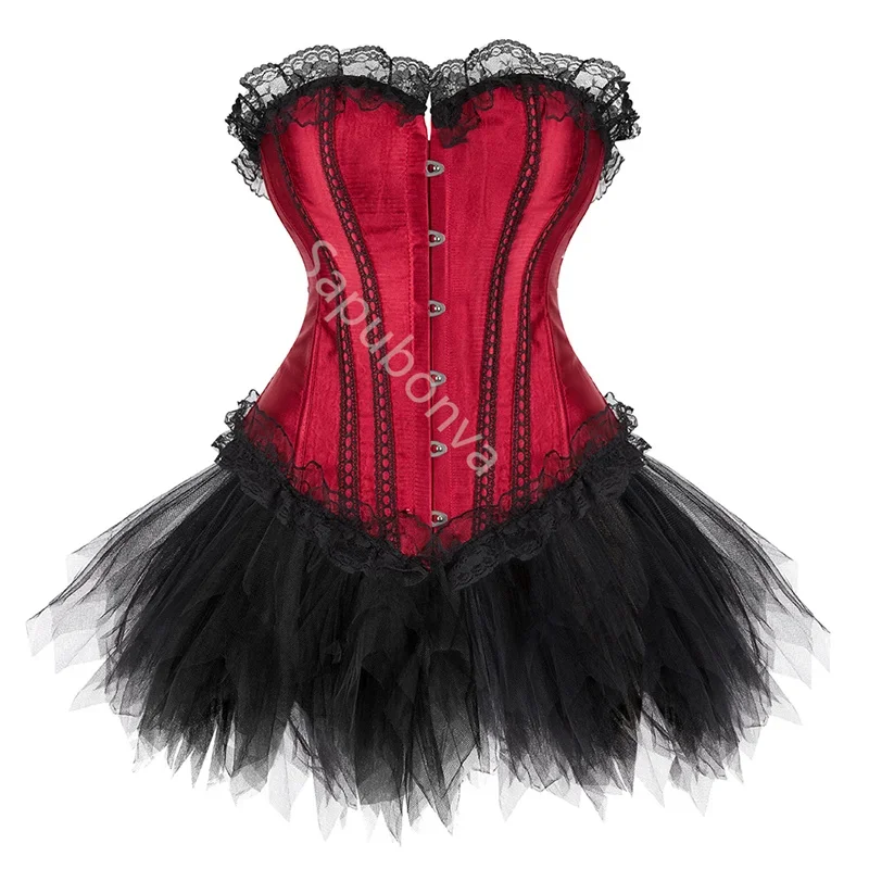 Sapubonva Corset Dress Women Sexy Vintage Overbust Corsets Bustier Skirt Set Lace Fashion Plus Size Gothic Victorian Costume