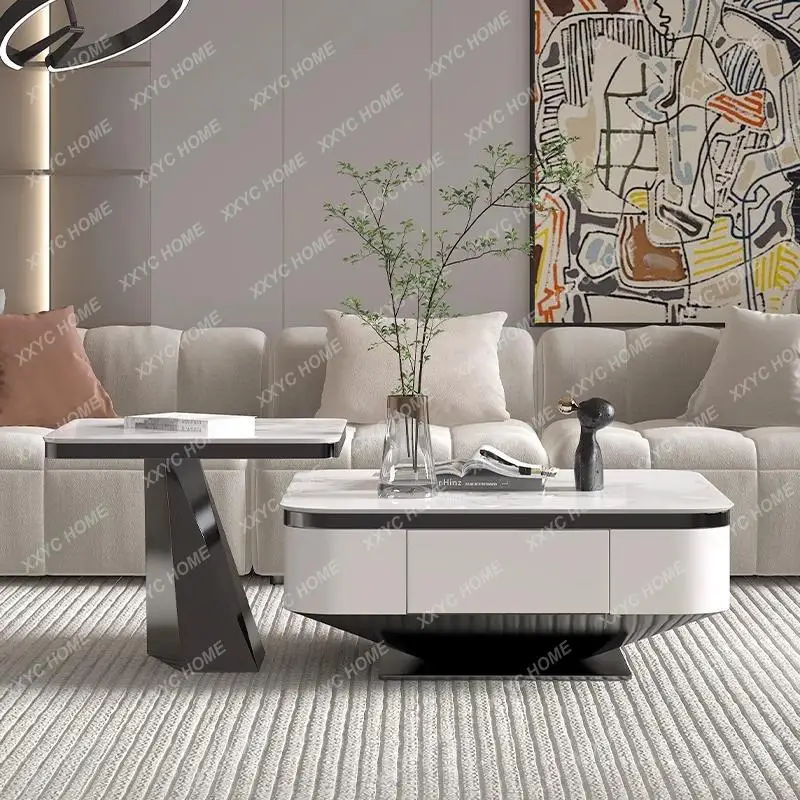 

Комплект мебели для гостиной LX: журнальный столик из каменной плиты и тумба под телевизор в стиле модерн, современная простота.