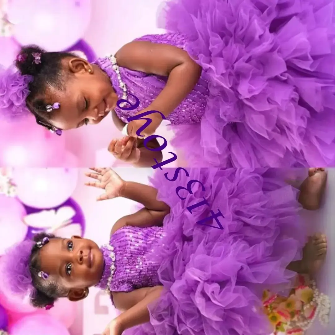 

CustomizedPurple Flower Girl Dresses For Wedding Sequins Beaded Pearls Puffy Cute Kids Birthday Party First Communion Ball Gown