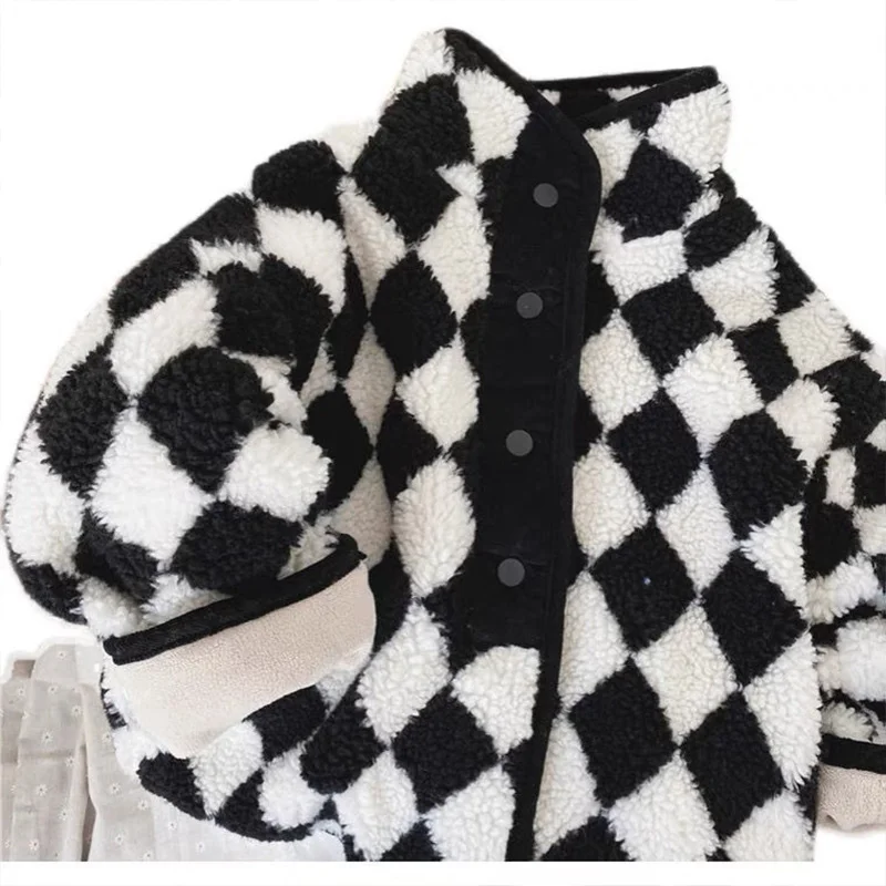 Spring Autumn New Korean Plaid Kawaii Fashion Kids Jacket Plus Fleece Warm Cute Children\'s Clothing Woolen Lamb Wool Casual Coat