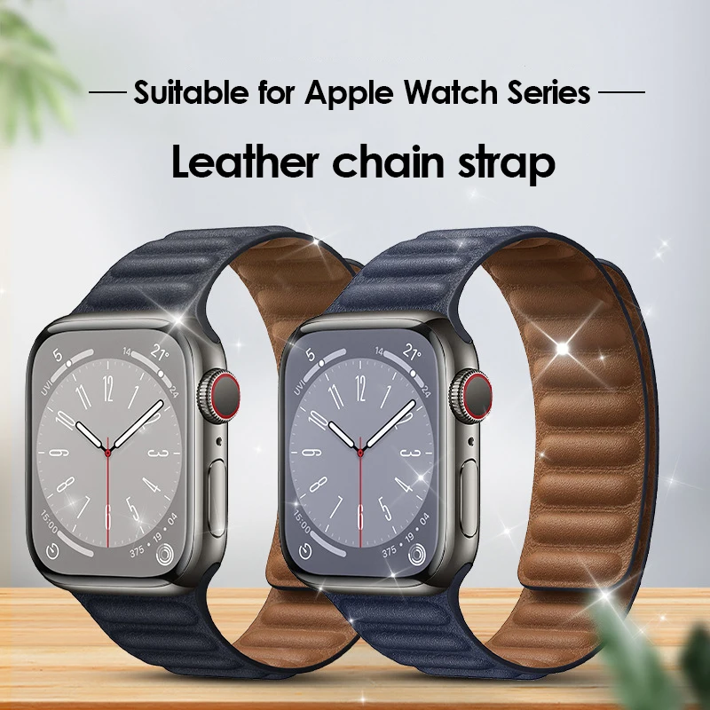 Leather Link For Apple Watch Band 45mm 41mm 44mm 40mm 49mm Original Magnetic Loop bracelet iWatch Series 8 Ultra 3 SE 6 7 Strap