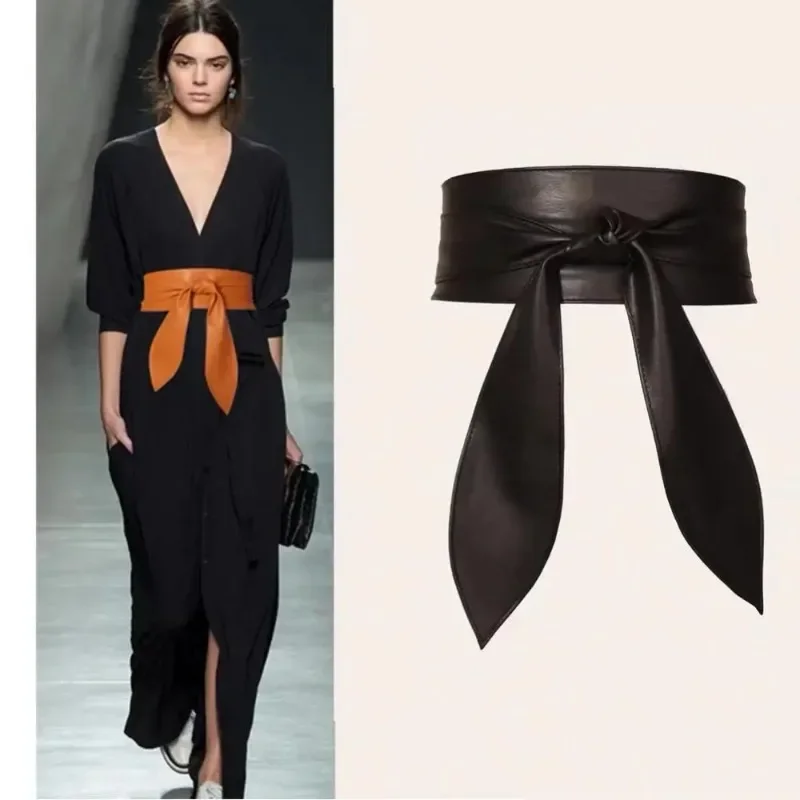 

Women Lace Up Belt Elegant Bow Belt Long Black Soft Leather Wide Waistband Bowknot Cummerbund Ties Bow Ladies Dress Decoration