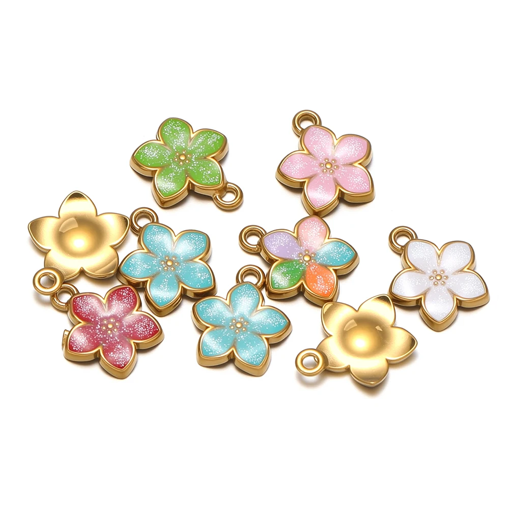5 Stück Edelstahl-Blumenanhänger mit Emaille, niedliche Charms für DIY-Mädchen-Schmuck, Kinder-Armband- und Ohrringherstellung – Detail 3