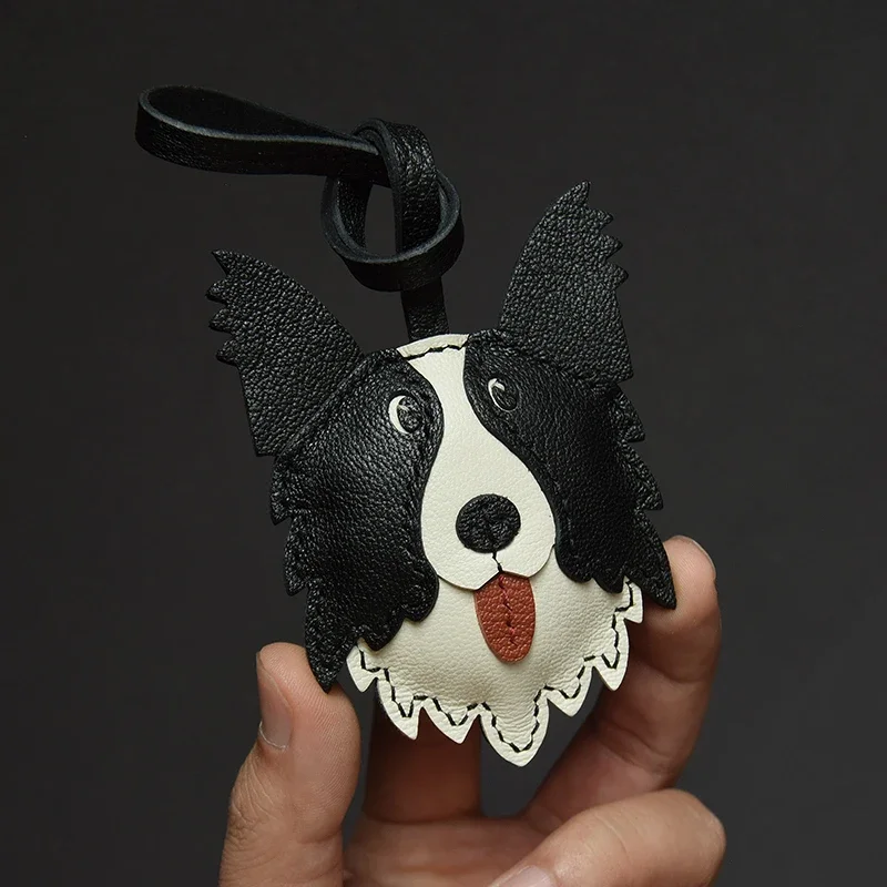 Handmade Leather Border Collie Bag Charm Key Chain Key Ring