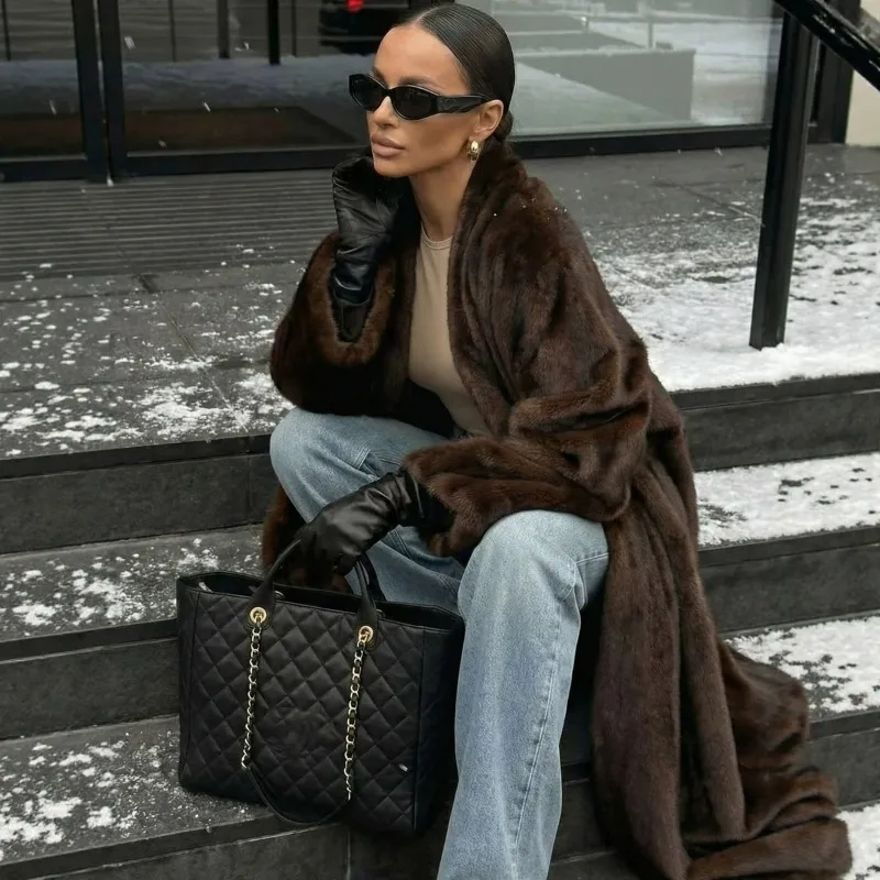 Brown Extended Faux Mink Fur Coat for Cross-border Women Europe America Fashionable Eco-friendly Artificial Fur Coat for Winter